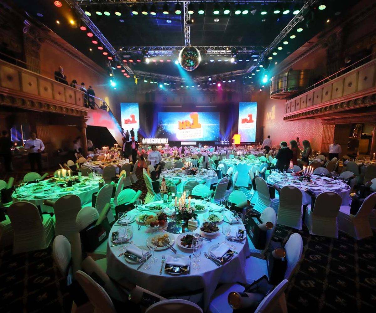 MOSCOW - JUN 8, 2017: Tables with serving at Award Records of real estate market 2017 in Golden Palace